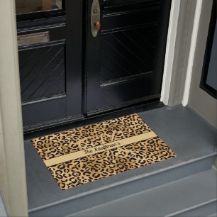 Felpudo Nombre de monograma negro estampado en leopardo do