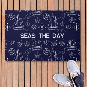Felpudo Nombre de patrón de barco de vela azul de la marin