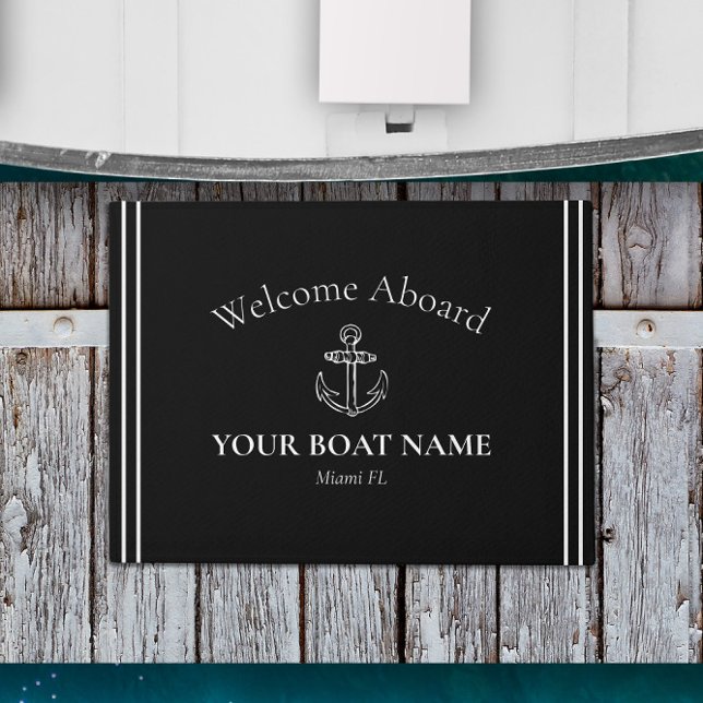 Felpudo Nombre del ancla y del barco Náutico blanco y negr (Classic Black and White Nautical Welcome Aboard Entry Mat with Your Boat Name and Home Port)