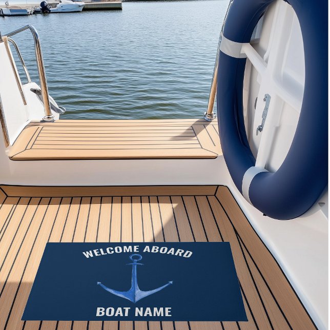 Felpudo Nombre del barco de Anchor Rústico Azul (Custom Boat Name Nautical Doormat with watercolor blue anchor)
