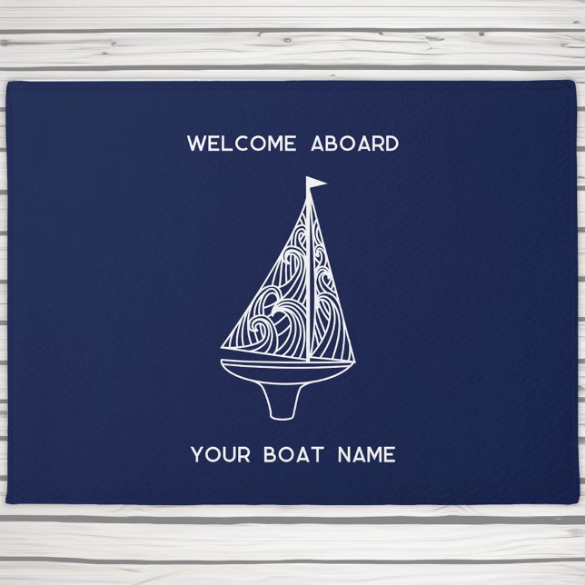 Felpudo Nombre del barco de vela a bordo (Welcome aboard your boat name custom text sailing boat or yacht doormat)