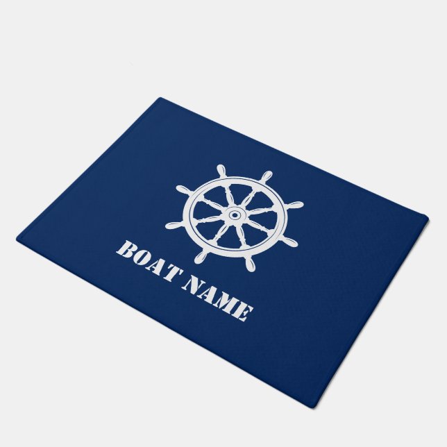 Felpudo Nombre del barco Nautical Ships Wheelm Navy Blue (Angular)
