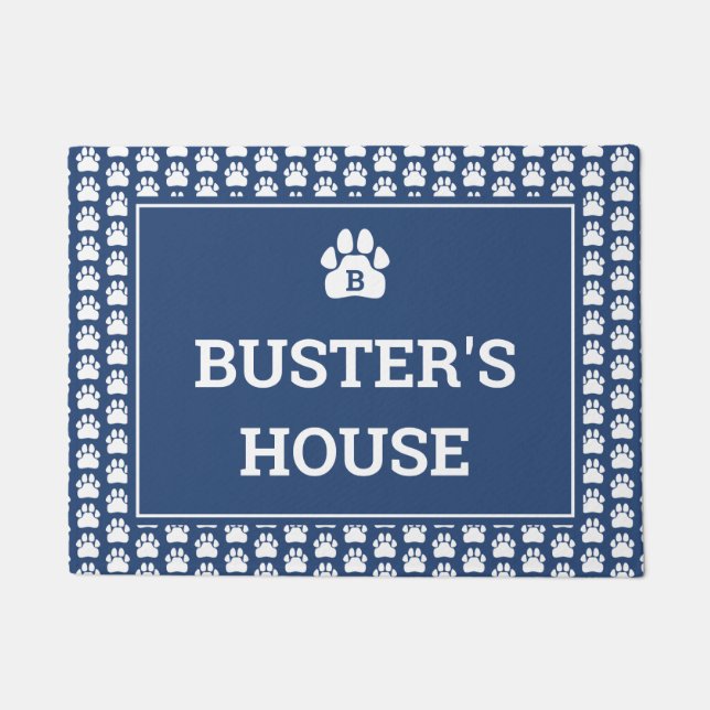 Felpudo Nombre del perro de impresión Blue White Paw (Anverso)
