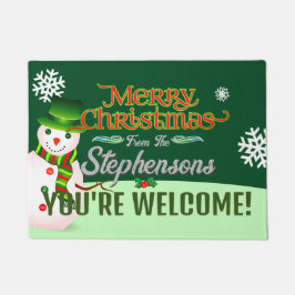 Felpudo Nombre familiar en la bienvenida a Snowman GREEN