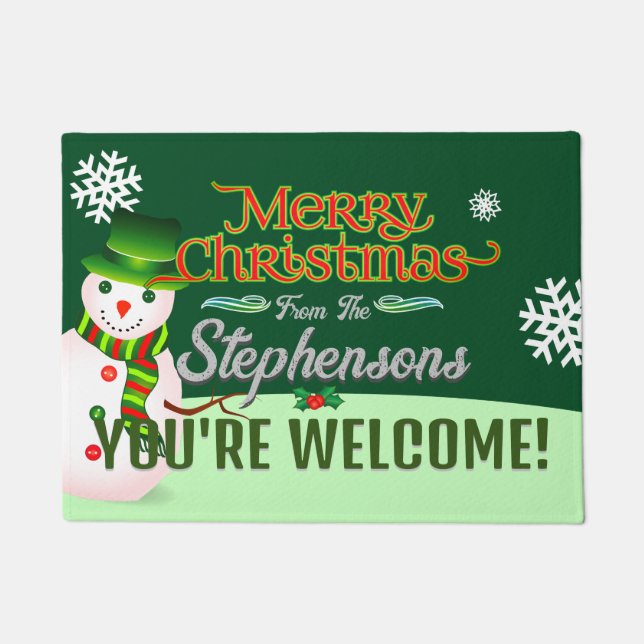 Felpudo Nombre familiar en la bienvenida a Snowman GREEN (Anverso)