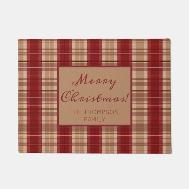 Felpudo Nombre Personalizable Red And Beige Plaid Navidade (Anverso)