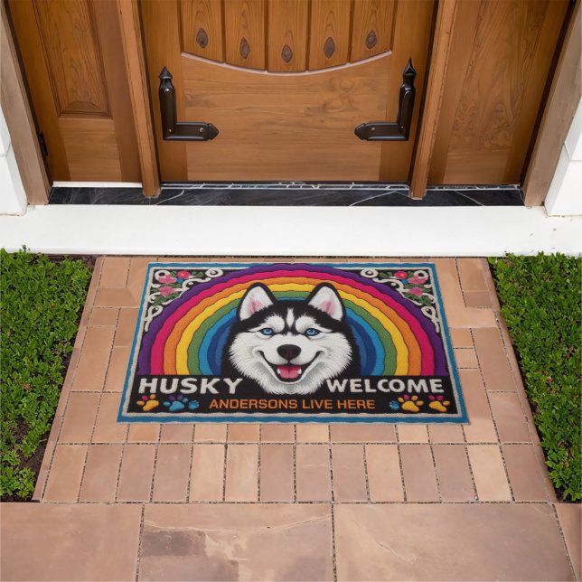 Felpudo Nombre personalizado Bienvenida a Perro Husky Sibe (Exterior)