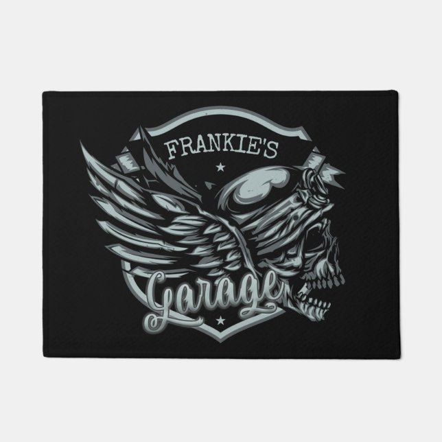 Felpudo NOMBRE Personalizado Biker Skull Wings Motorcycle  (Anverso)