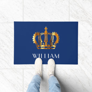 Felpudo Nombre personalizado de la Corona de Oro Real Azul