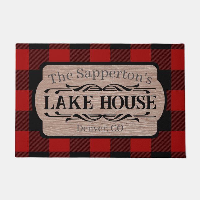 Felpudo Nombre personalizado Lake House Rustic Plaid (Anverso)