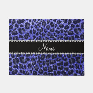 Felpudo Nombre personalizado neón azul purpurina leopardo