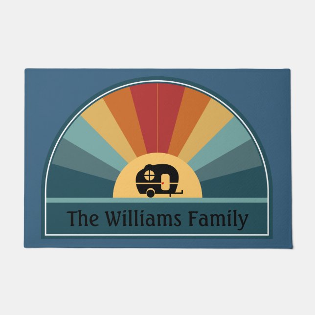 Felpudo Nombre personalizado Retro Camper Sunrise en tonos (Anverso)