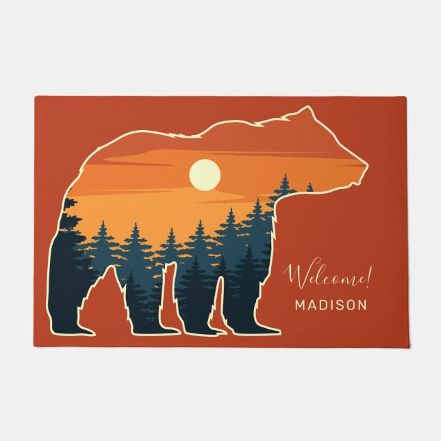 Felpudo Nombre y texto personalizados Bosque de oso (Anverso)