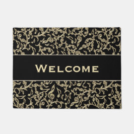 Felpudo Notas de la música del negro y del oro florales
