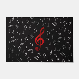 Felpudo notas de música roja y negro plateado