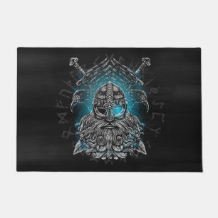 Felpudo Odin con cuervos y espadas Mitología vikinga azul