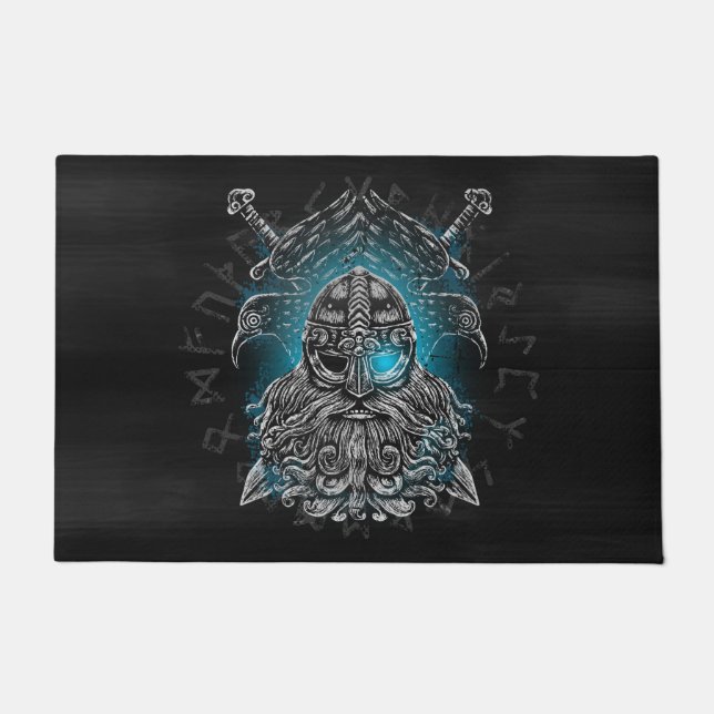 Felpudo Odin con cuervos y espadas Mitología vikinga azul (Anverso)