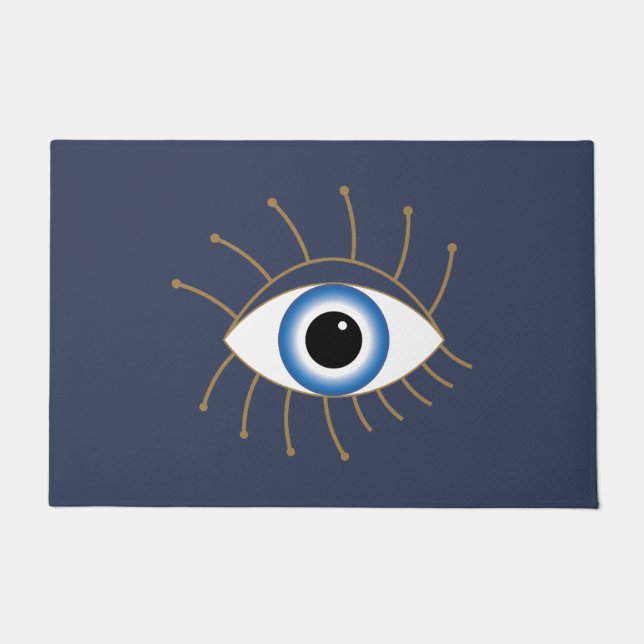 Felpudo Ojo Malvado Griego Con Azotes De Oro Blanco Azul (Anverso)
