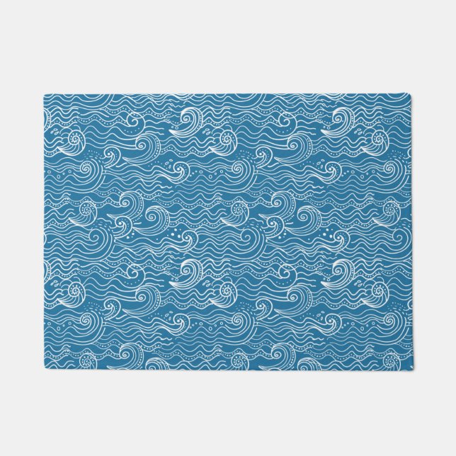 Felpudo Olas del océano azul y blanco (Anverso)
