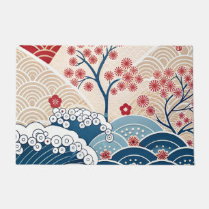 Felpudo Onda Japonesa Moderna y Patrón de Sakura