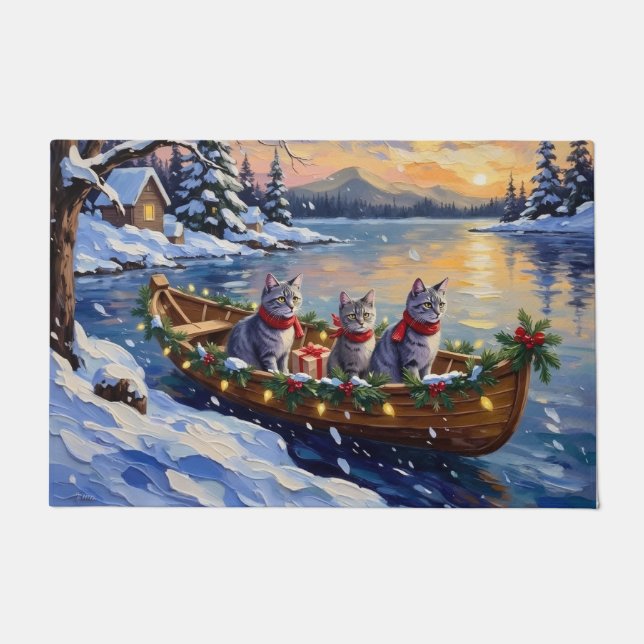 Felpudo Oriental Blue Cat Christmas Boat Holiday (Anverso)