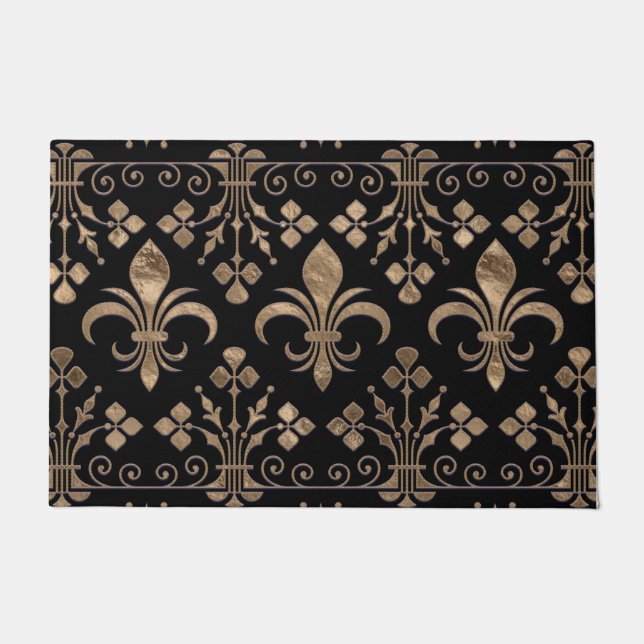 Felpudo Ornamento real negro y dorado Fleur-de-lis (Anverso)