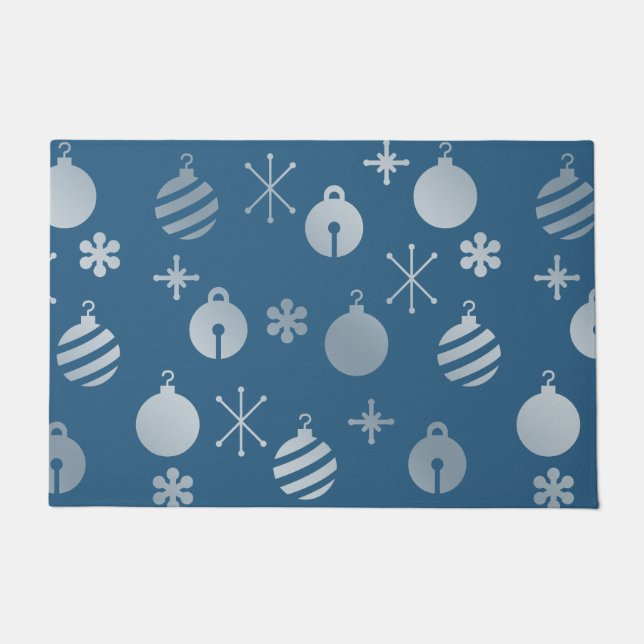 Felpudo Ornamentos de Navidad Retro Plata Azul (Anverso)