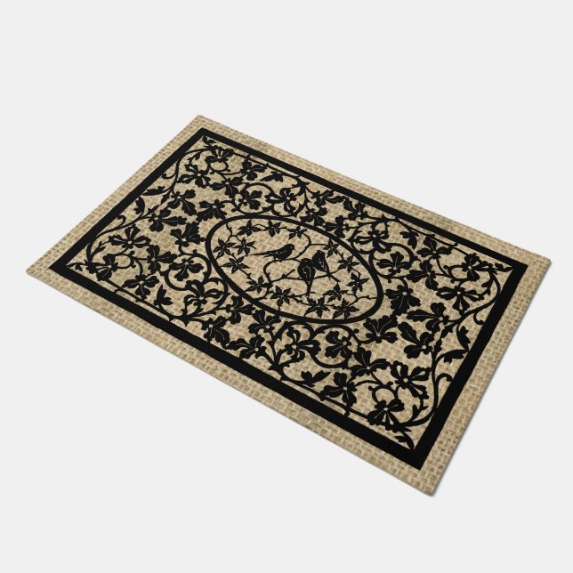Felpudo Ornate Bird Trio Black and Tan Woodwork (Angular)