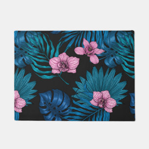 Felpudo Orquídeas y hojas de palma, rosa y azul en negro