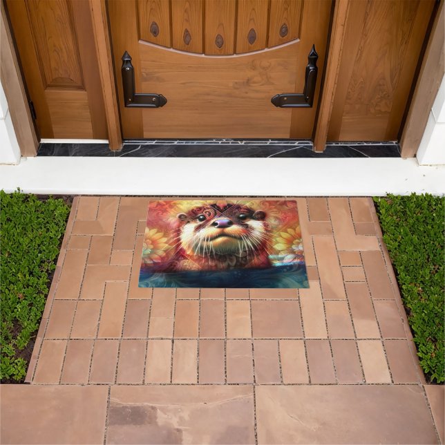 Felpudo Otter Abstract Naranja floral Verde azulado ortebr (Exterior)