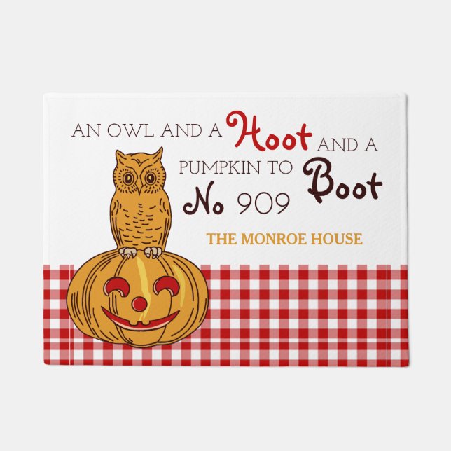 Felpudo Owl en Pumpkin Gingham Pattern Doormat (Anverso)