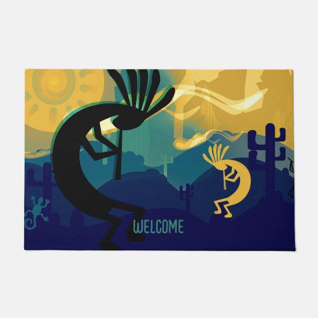 Felpudo Paisaje del desierto de Kokopelli Verde azulado (Anverso)