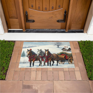 Felpudo Paisaje invernal con caballos y cabinas