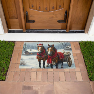 Felpudo Paisaje invernal con caballos y cabinas