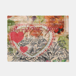 Felpudo Pájaros del Corazón Arte Collage Rojo Amor