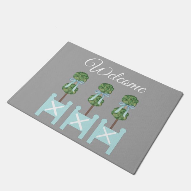 Felpudo Pájaros topiarios turquesa grises orejanos (Angular)