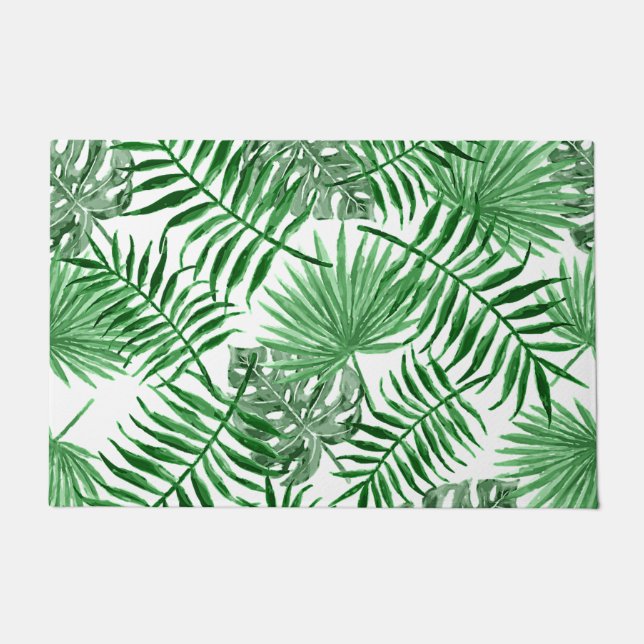 Felpudo Palm verde tropical deja arte acuarela de verano (Anverso)