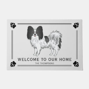 Felpudo Papillon blanco y negro Perro lindo con texto pers