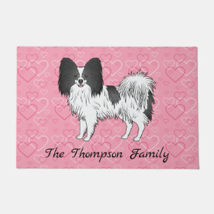 Felpudo Papillon blanco y negro perro lindo en corazones r