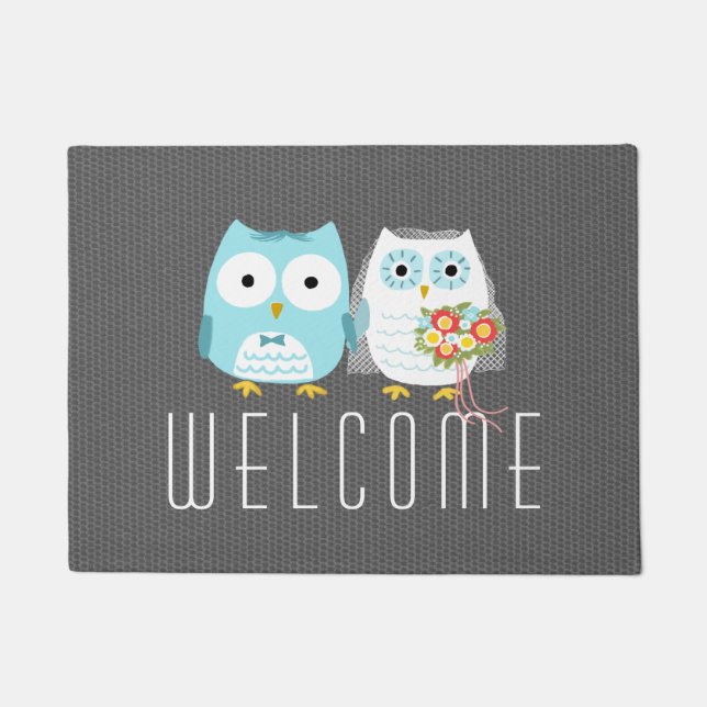 Felpudo Pareja Boda Owls | Personalizado Cute Bride y Groo (Anverso)