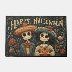 Felpudo Pareja de cráneos de Halloween con calabazas y som