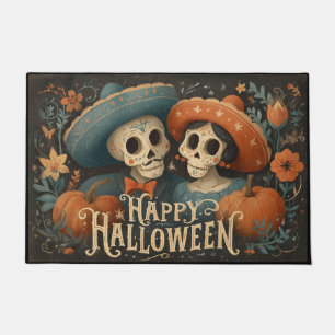 Felpudo Pareja de cráneos folk con calabazas Feliz Hallowe
