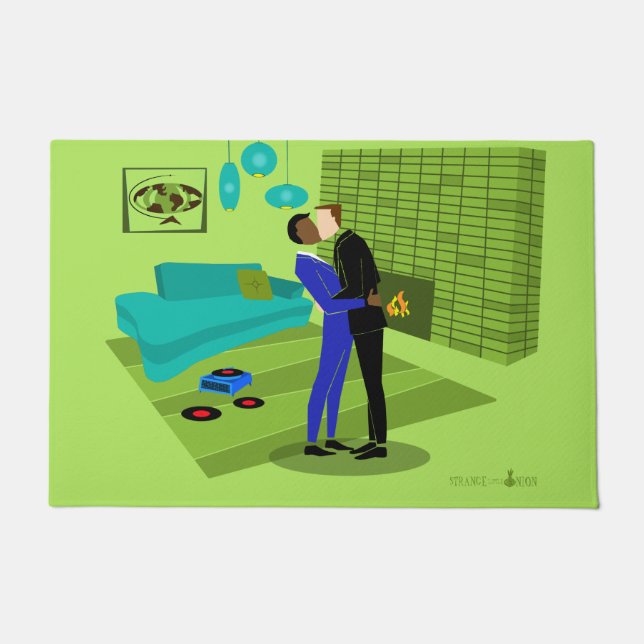 Felpudo Pareja gay retro enamorada (interracial) (Anverso)