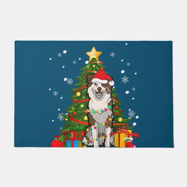 Felpudo Pastor australiano Santa Christmas Tree Light (Anverso)