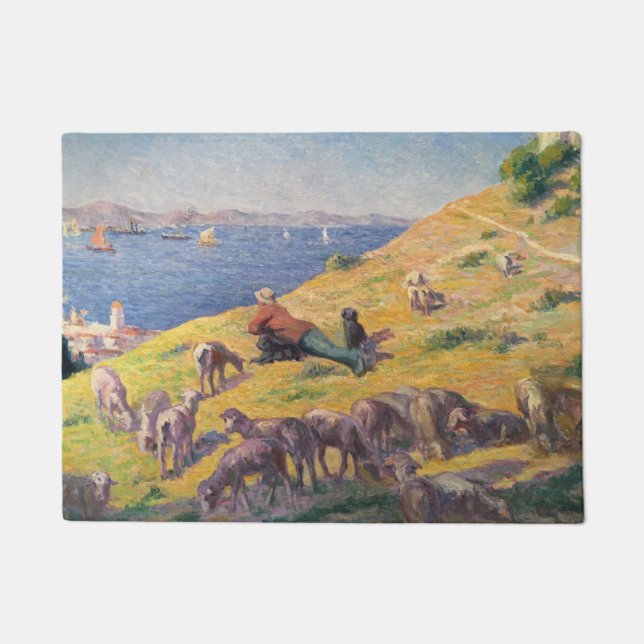 Felpudo Pastor con ovejas mirando el mar (Anverso)