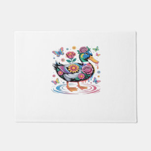 Felpudo Pato de fantasía colorido con flores y mariposas
