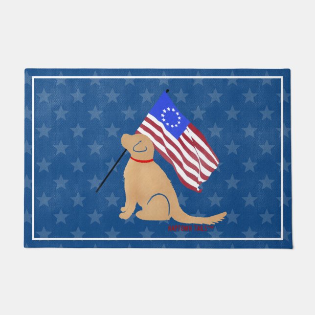 Felpudo Patriótico Perro Dorado Bandera Americana Doormat (Anverso)