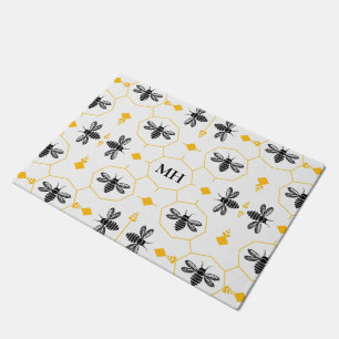 Felpudo Patrón de abeja negro amarillo moderno Monograma e