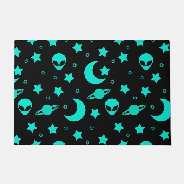 Felpudo Patrón de Alien Turquesa con Estrellas y Lunas (Anverso)