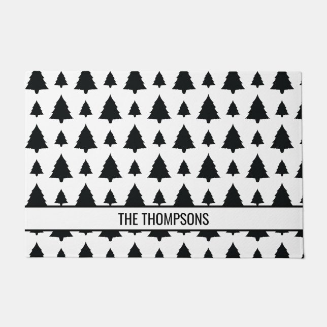 Felpudo Patrón de árbol de navidad de piel negra y blanca (Anverso)